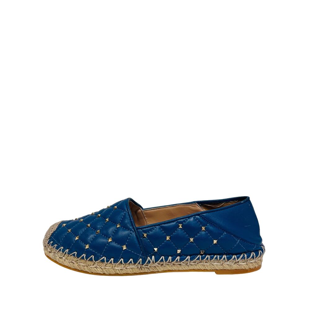 Valentino Blue Leather Quilted Rockstud Studded Accent Espadrilles Flats 37 Us 7